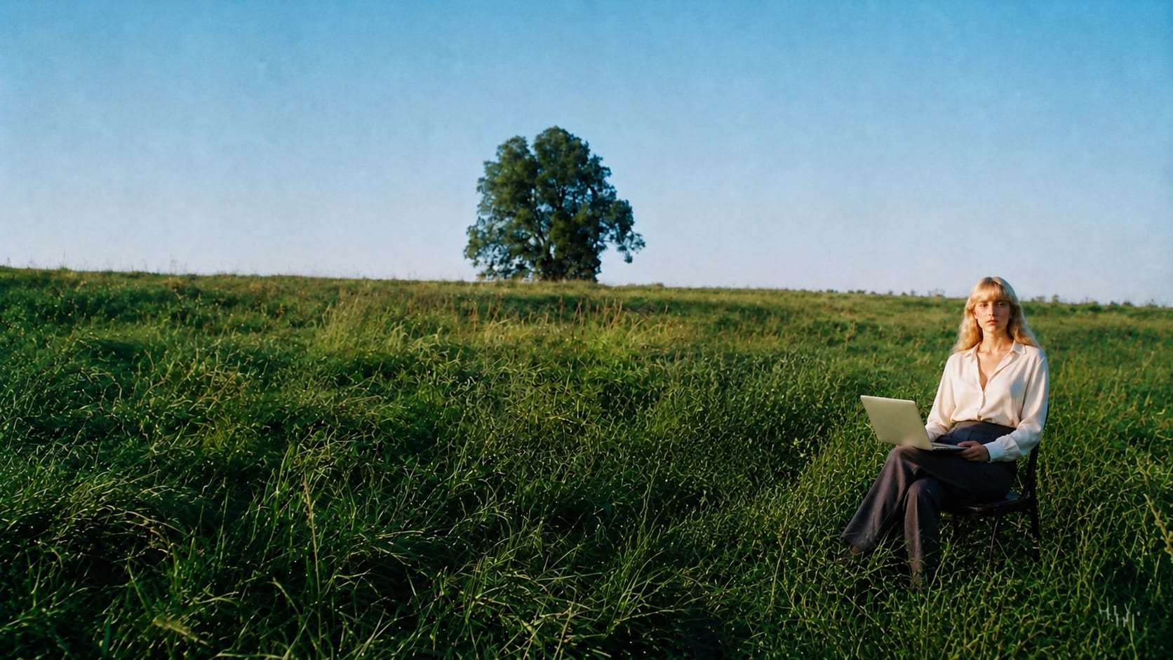 A woman working on a laptop in a green field beneath an open blue sky