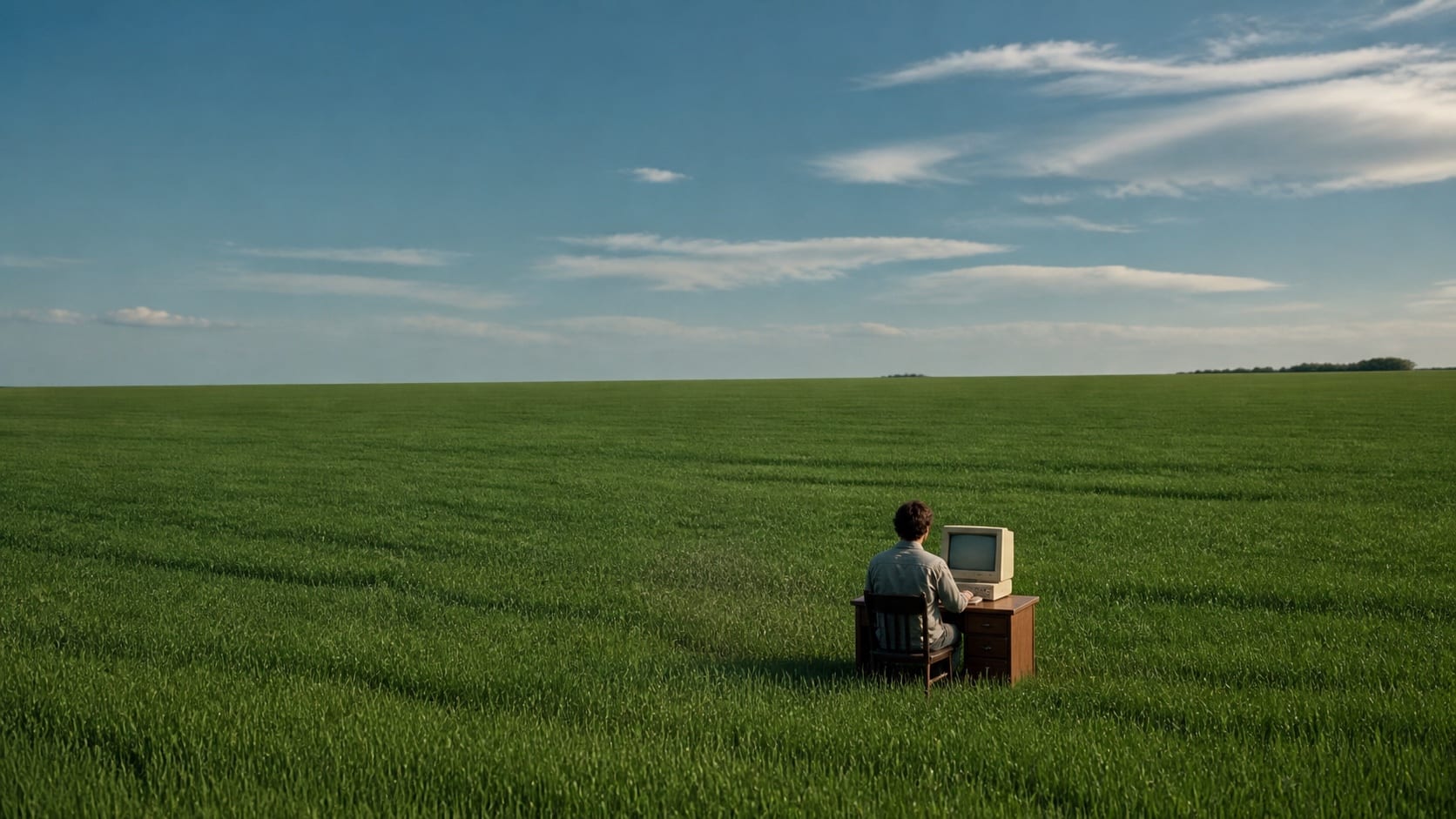 A person working at a computer in an open green field